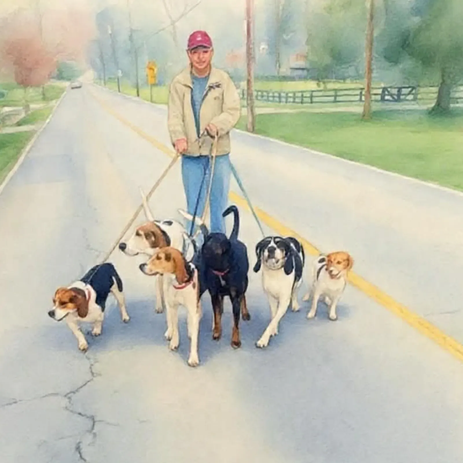 Volunteer walking rescue hounds on a country road